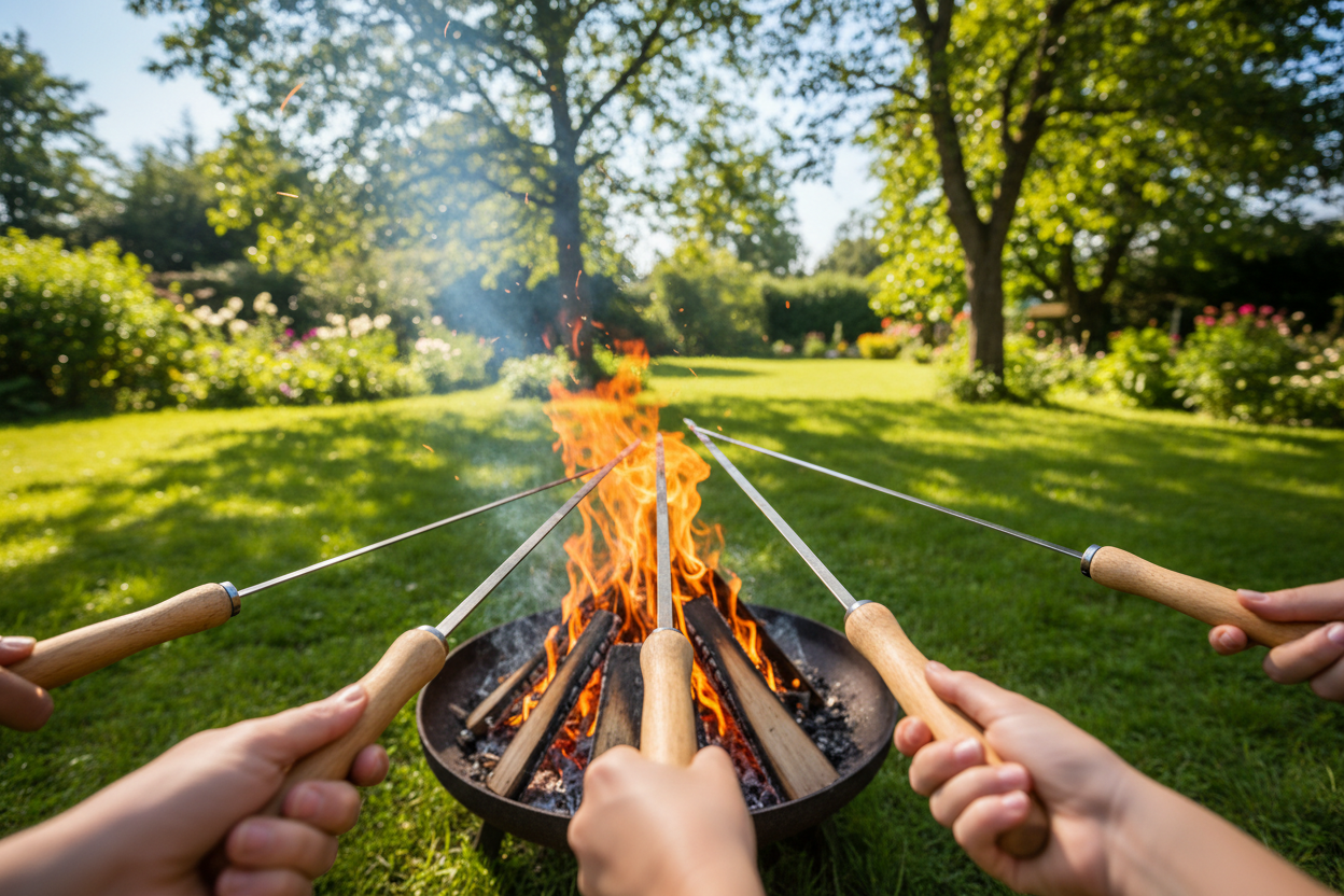 Erwachsenen- und Kinderhände halten lange Edelstahl-Grillspieße mit Holzgriff über ein Lagerfeuer im Garten