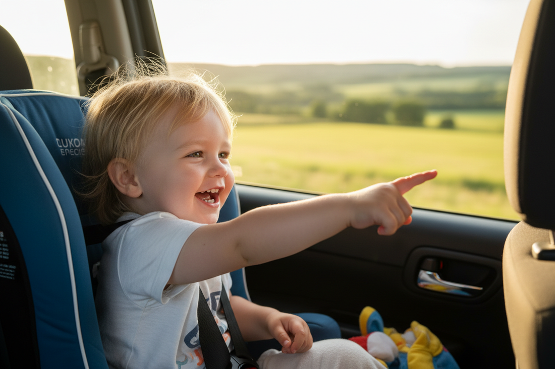 Kind zeigt aufgeregt aus dem Autofenster – Autoreise mit Kleinkind Tipps | ReiseHelden