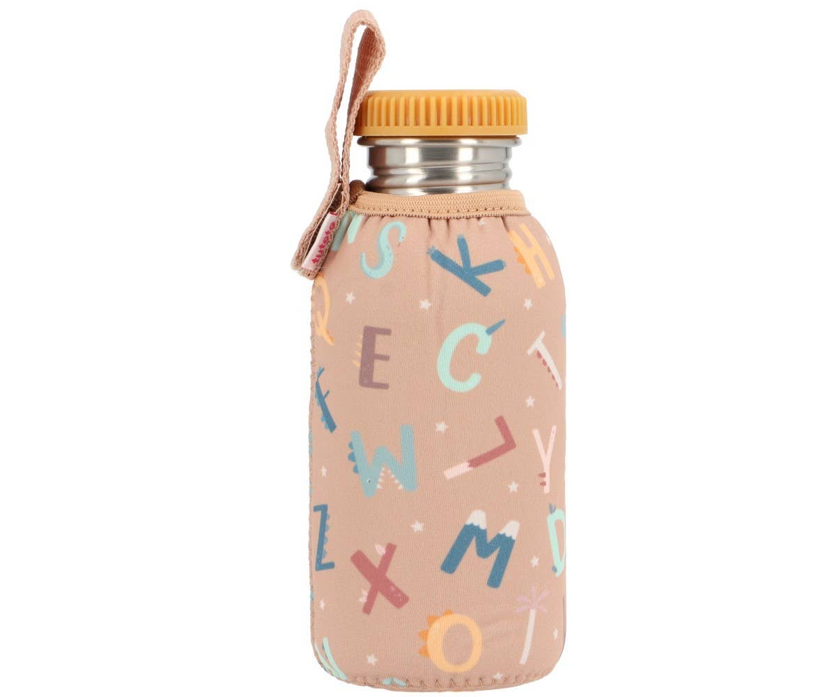 Kinder-Trinkflasche Edelstahl Lustige Buchstaben 500ml mit Schutzhülle