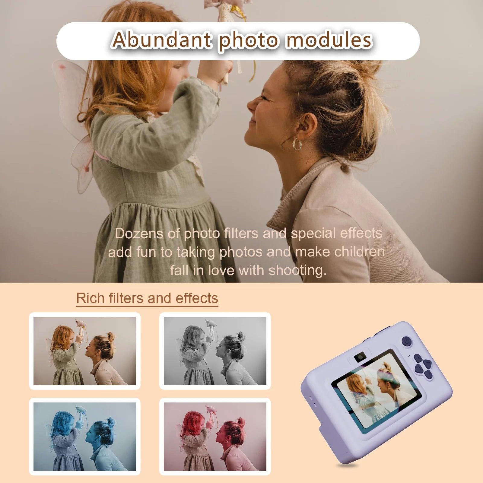 Kinderkamera mit Thermodrucker – ausgedrucktes Foto in Kinderhand